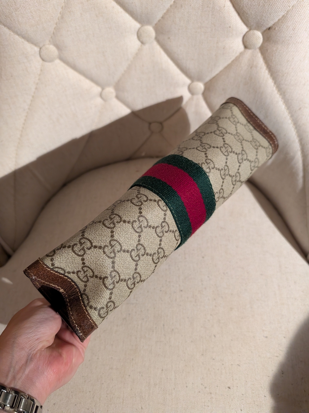 Gucci Beige GG Canvas Clutch w COA Brown Leather and Sherry Web Striping - Picture 5 of 8
